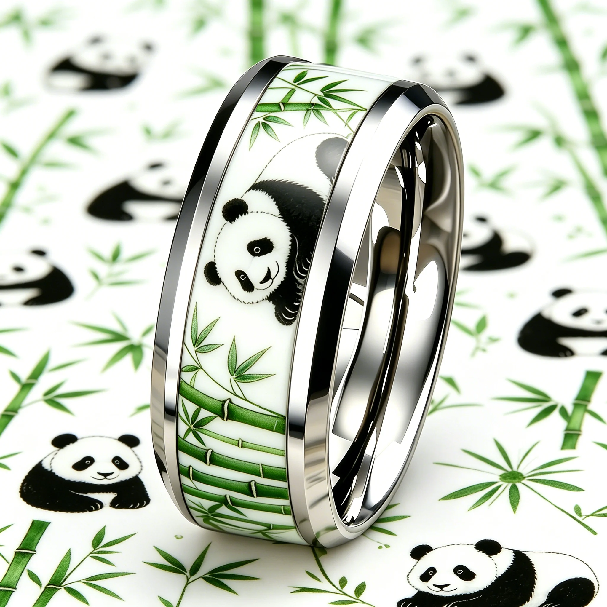Cute Panda and Bamboo Pattern Stainless Steel Ring Cartoon Nature Art Animal Pattern Rings for Teenager Daily Wear Jewelry Gift