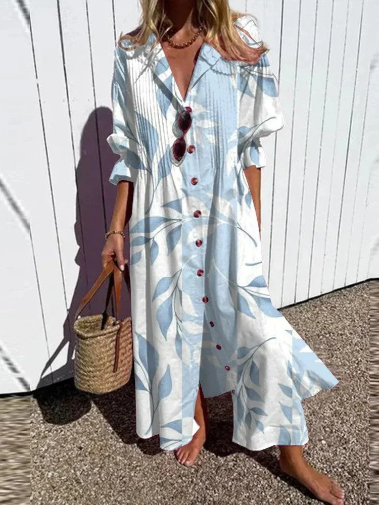 Retro Printing Patchwork Buttons Party Dress, Women Casual Summer Half Sleeve V Neck Maxi Dress, Elegant Lady Loose Shirt Dress