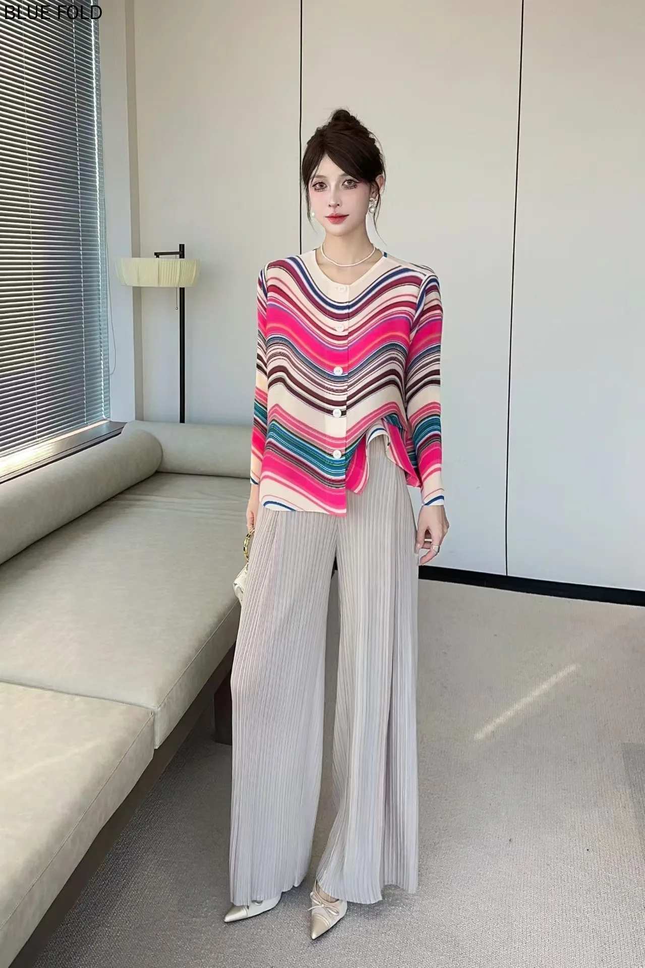 MIYAKE Women's Spring 2025 Colorful Striped Pleated Shirt Single-Breasted round Neck Long Sleeve Loose Fit Cardigan Fashionable