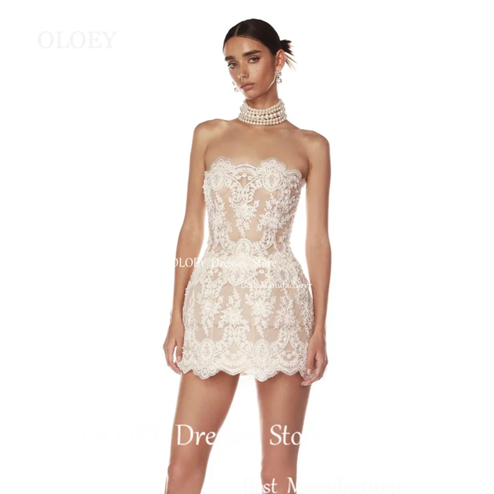 

OLOEY Exquisite Lace Short Wedding Dress Sleeveless Sheath Bridal Gown With Gloves Above Knee Length Lace Up Back Party Gown