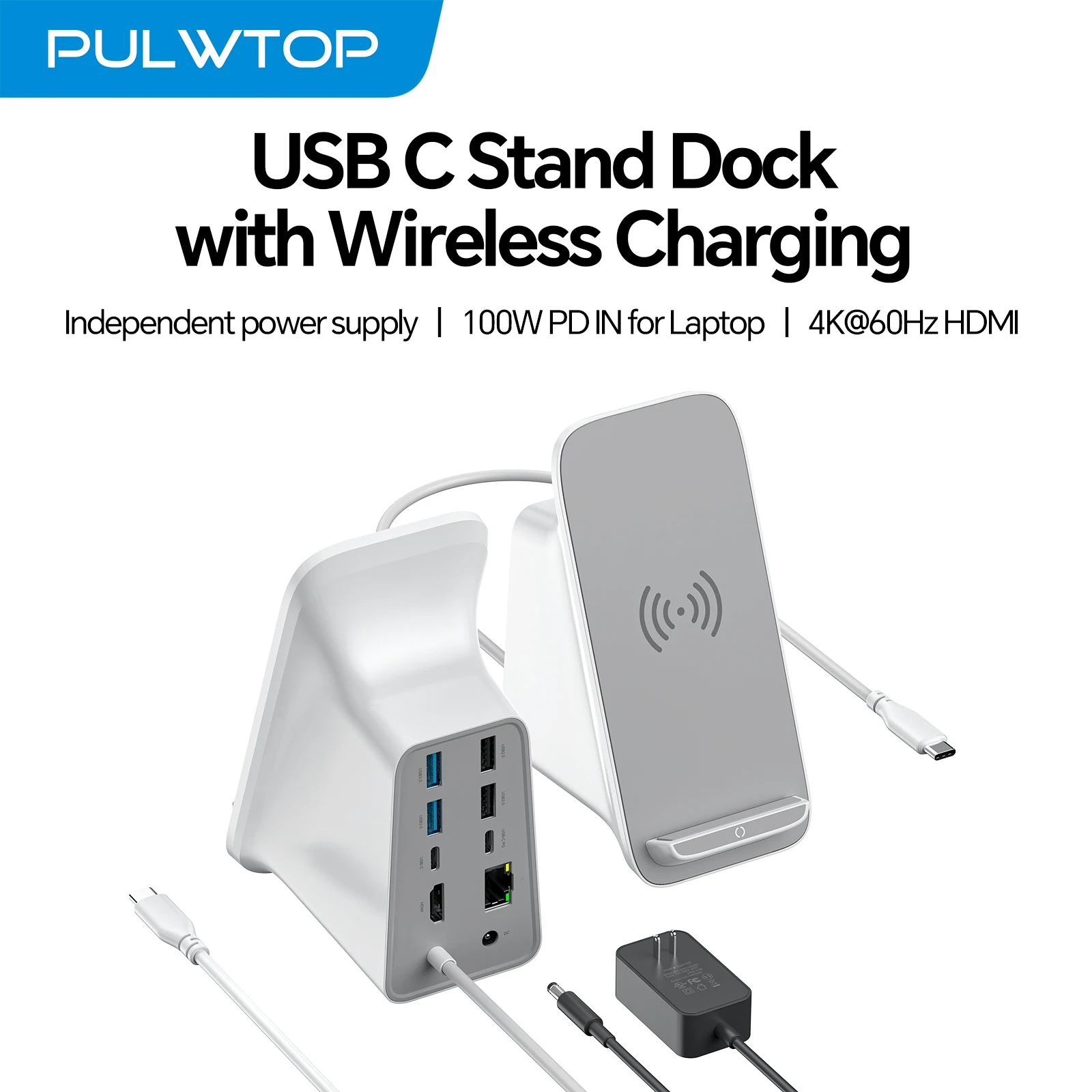 

PULWTOP Laptop Docking Station, 10W Max Wireless Charging Pad, 4K@60Hz HDMI Display ,5 USB Ports PD100W RJ45, 36W DC