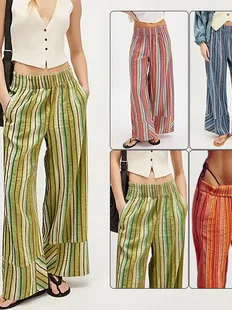 Hoge taille wijde pijpen gestreepte losse dames casual broek Rechte broek Comfortabele pasvorm Hoge taille lange broek