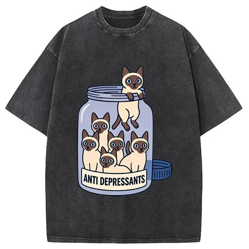 Men's Cute Siamese Washed Acid T-Shirt 2026 Summer Holiday Short Sleeve O-neck Harajuku Hip Hop Tees Casual Loose Tunics