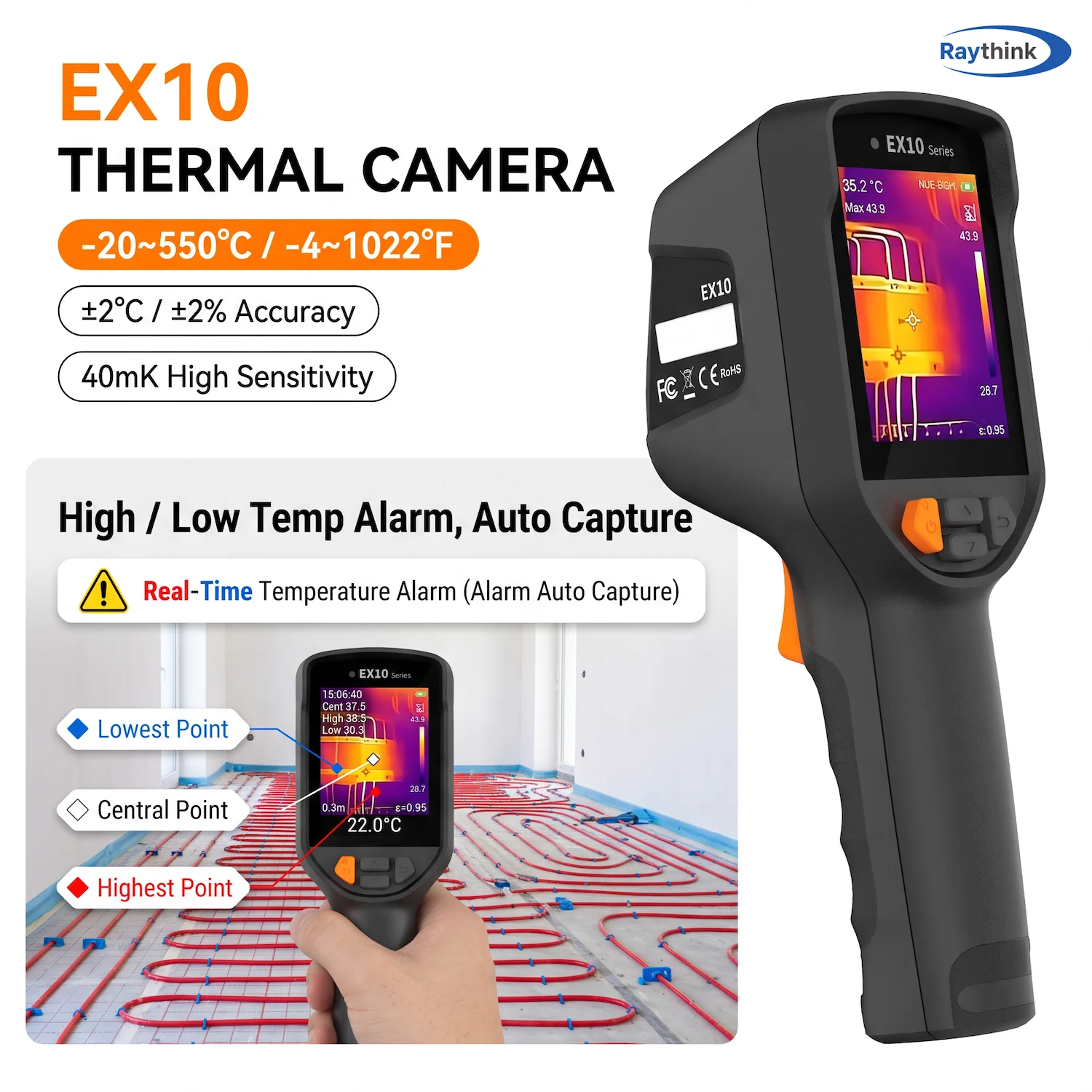 Raythink EX10 Thermal Camera Auto Hot & Cold Spot Tracking High Low Temp Alarm -20~550°C for Floor Heating Inspection