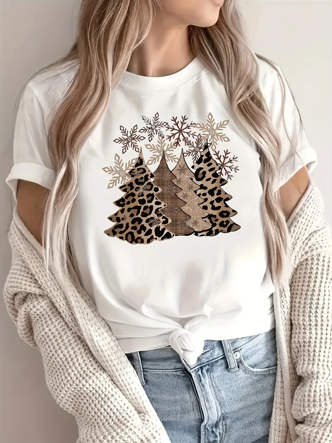 Christmas Leopard Tree Print Crew Neck O-Neck T-Shirt Harajuku Casual Oversized Streetwear Short Sleeve Top Women\'s Clothing