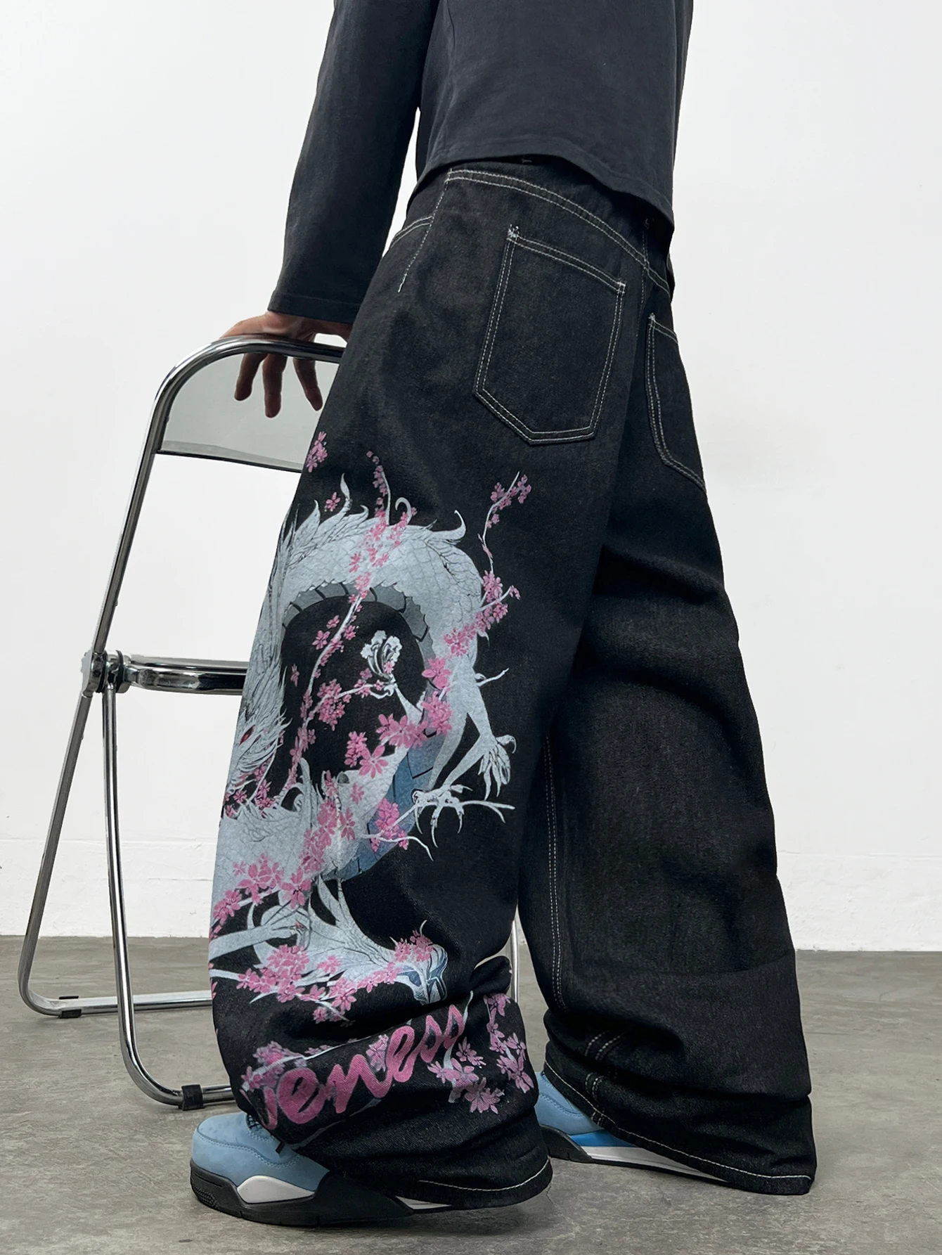 American Retro-Style Printed Dragon Black Baggy Jeans  Men Y2K Street Hip-Hop Trendy Versatile Wide-Leg Pants