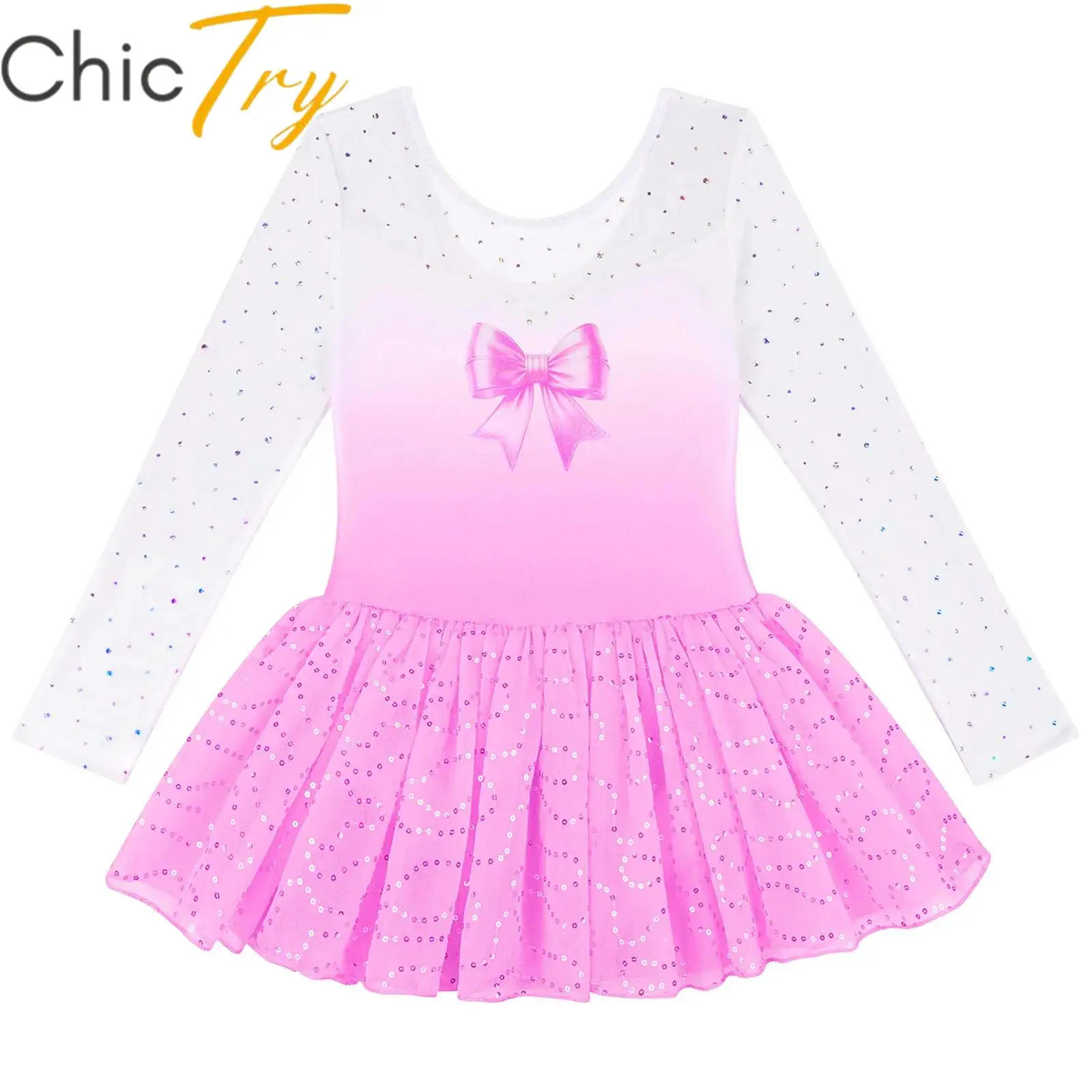 

Kids Girls Ballet Leotard Dress Long Sleeves Sequins Bow Bodysuit with Tutu Skirt Gymnastic Jumpsuit Figure Skating Dancewear