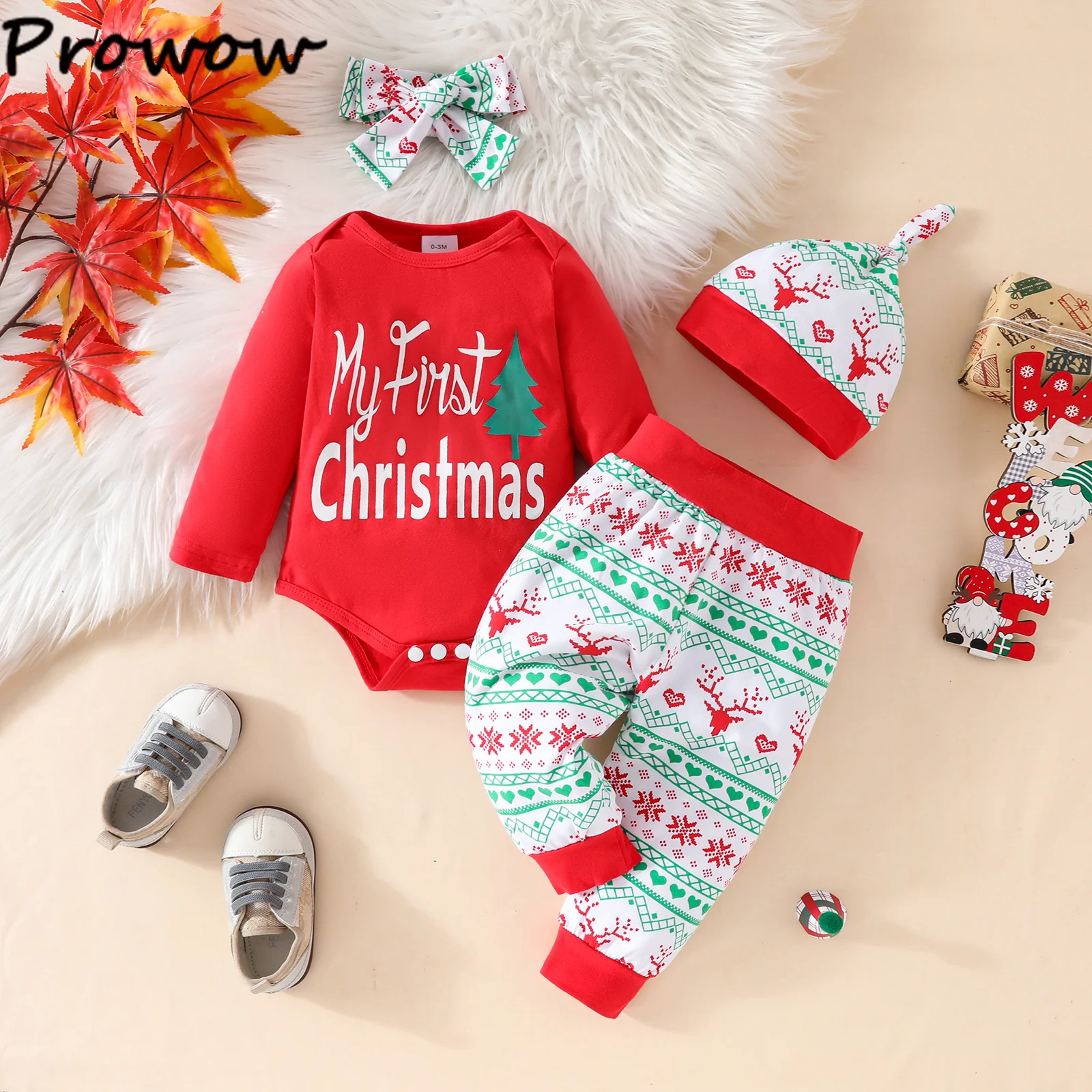 Prowow Baby Christmas Outfits Letter Red Bodysuit+Pants+Headband+Xmas Hat My First Christmas Baby Sets For New Year Baby Costume