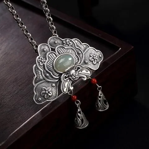 風-s-シルバーセット-hetian-jade-ネックレス南赤瑪瑙タッセル牡丹の花の女性のロングペンダント幸運のお守り