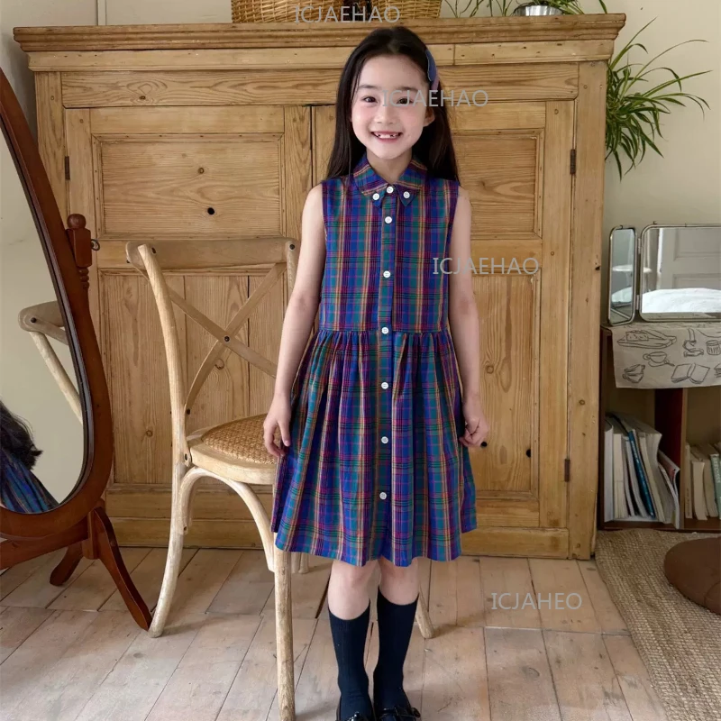 Hand Smocked Girl Dress Vintage Cotton PreppyEmbroidery Dress Kids Casual Outfit Plaid Collar Girls Sleeveless Vest Smocked