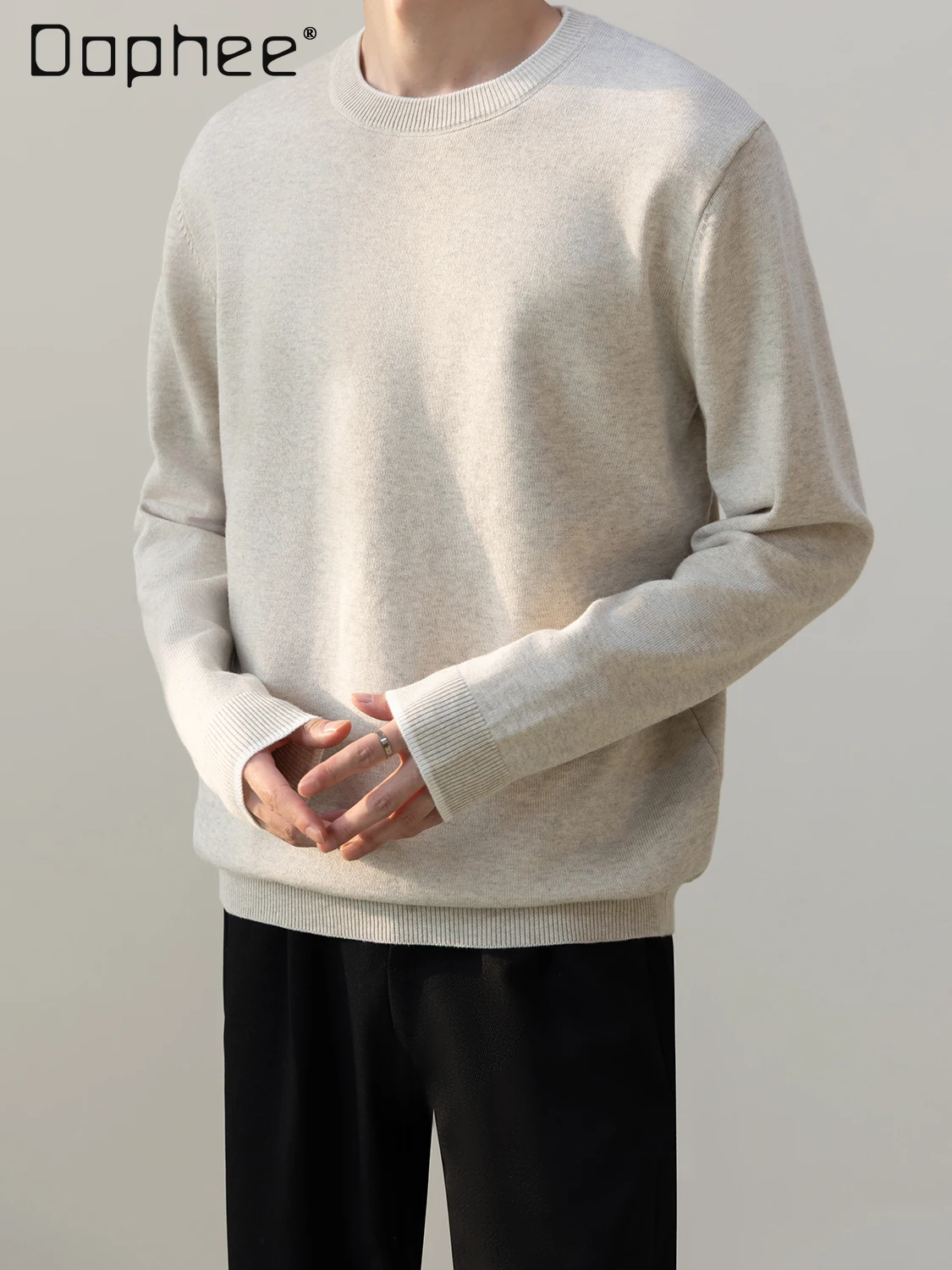 

Autumn Winter High-End Round Neck Black Apricot Sweater Men's Slim Fit Warm Versatile Loose Casual Green Gray Knitted Sweater