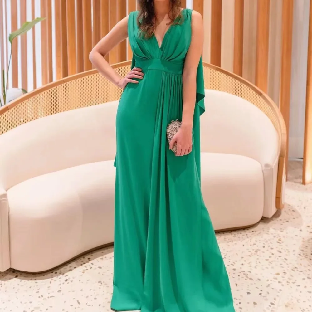 

Classic Long Green V Neck Satin Evening Dresses Sleeveless A Line Floor Length Vestidos De Noche Elegantes