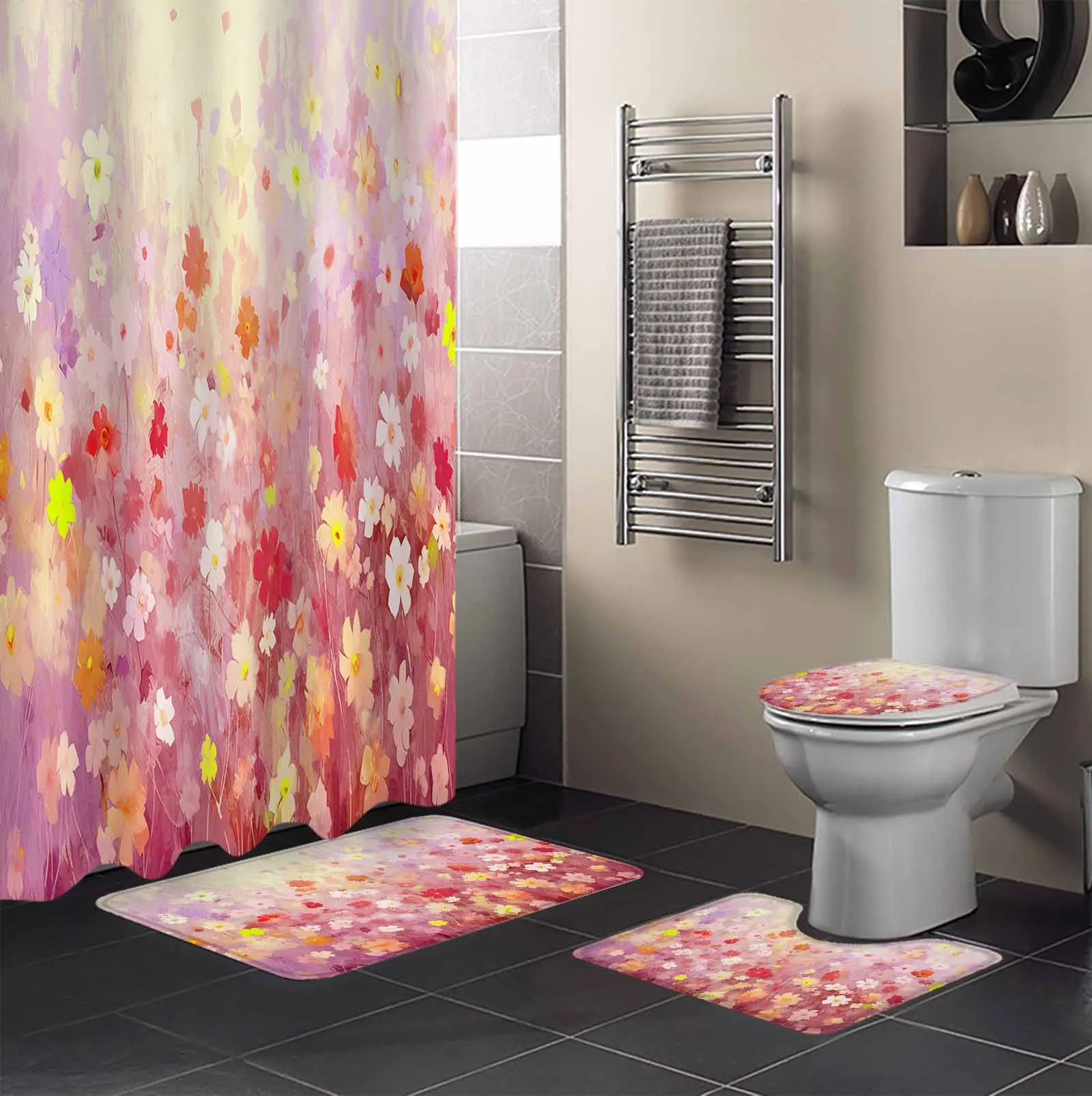 Spring Flowers Daisy Oil Painting Abstract Shower Curtain Non-Slip Rugs Toilet Lid Cover and Bath Mat Bathroom Curtains