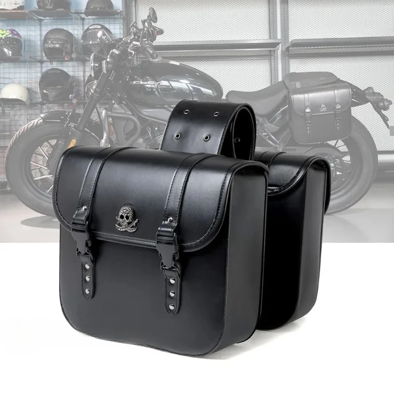 

One Pair Retro Black Motorcycle Throwover Saddlebags Side Bag Storage Tool Bag for Heavy Motorcycle Luggage