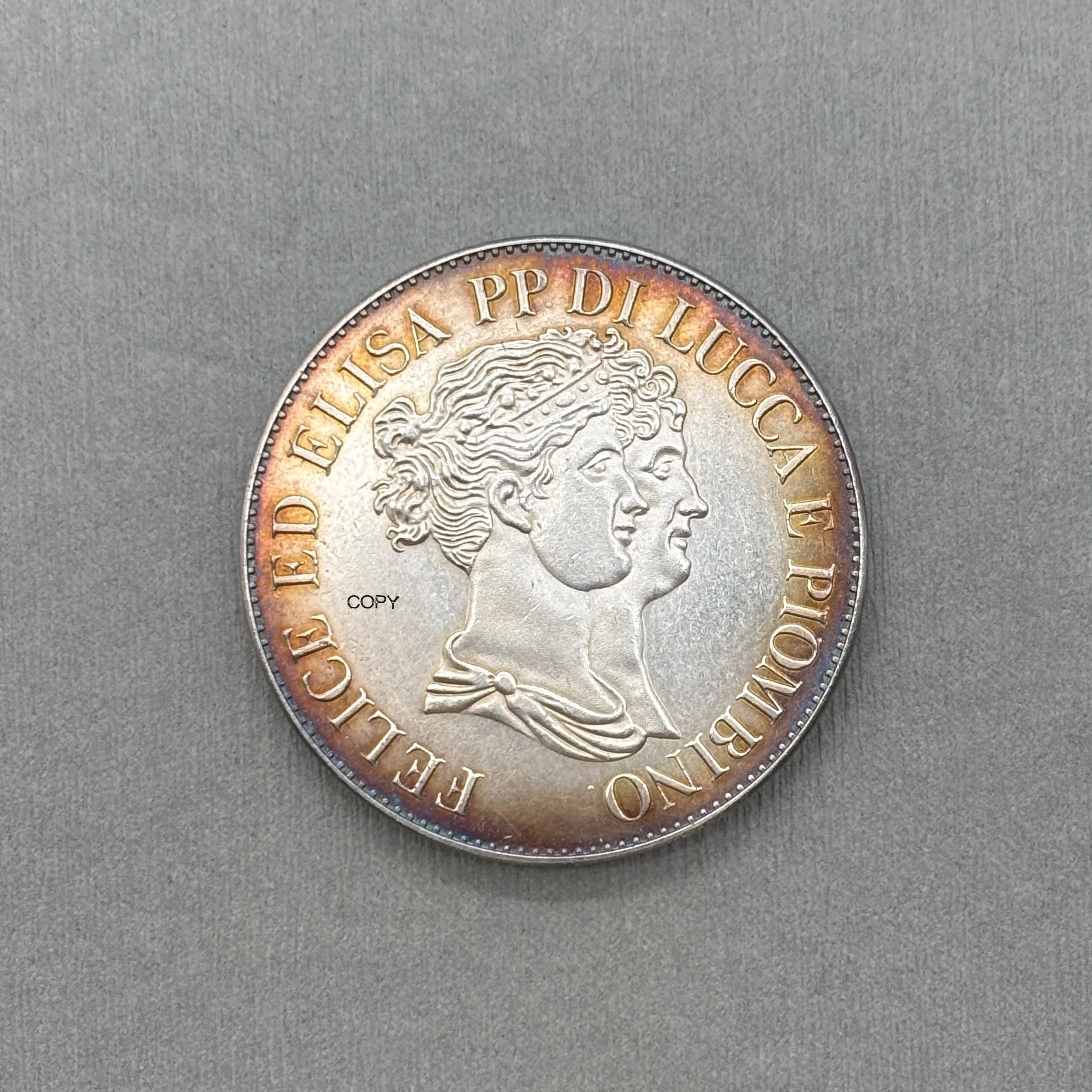 Monedas de Recuerdo de los Estados Italianos de 1808, 5 Franchi, Felix y Elisa, República de Lucca, Copia Plateada en Metal