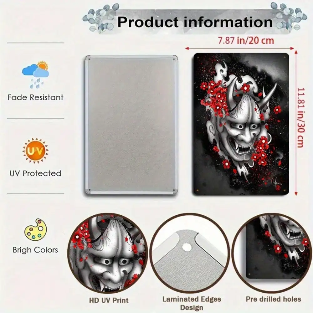 1 szt. Tabliczka Blaszana Japońska Maska Demona - Sztuka Samuraja do Dekoracji Salonu/Biura, Czerwone Kwiaty i Czarna Tematyka, 20x30cm