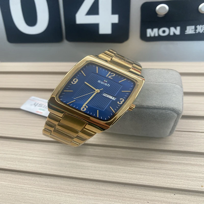 

Swish Classic Blue Square Business Quartz Watch For Men Stainless Steel Strap 40mm Weekday Calendar Relogio Masculino