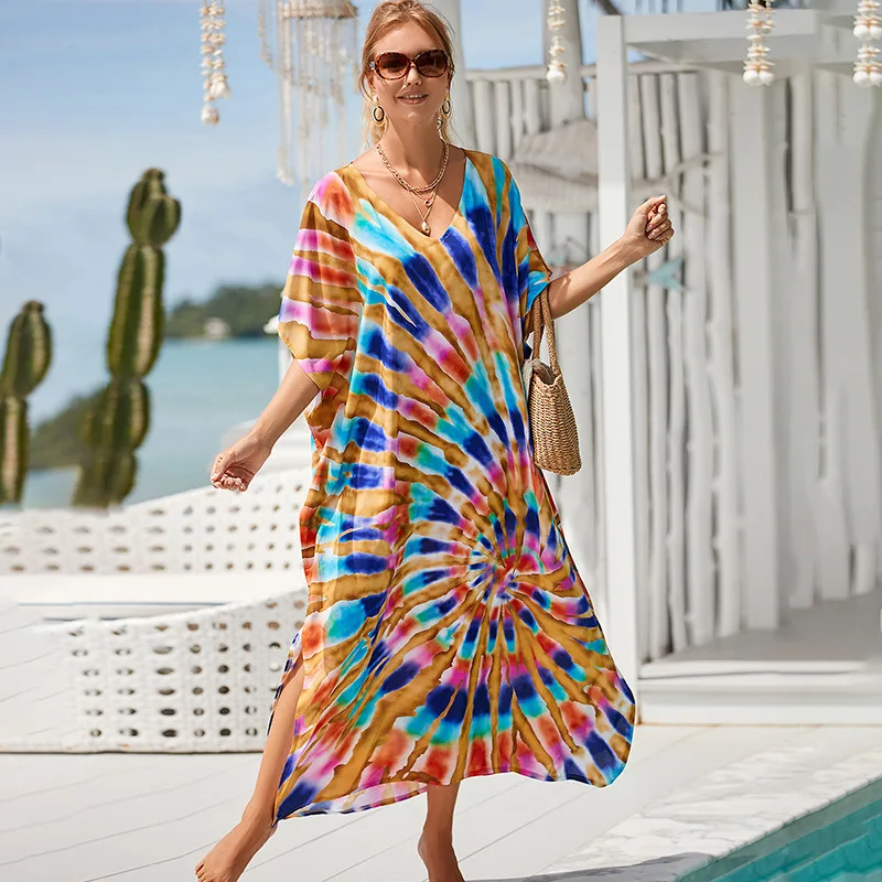 

Women Kaftan Dress Free Size Caftans Long Tunic Kimono Maxi Loose Everyday Beach Cover Ups Loungewear Bathing Suit Cover Ups