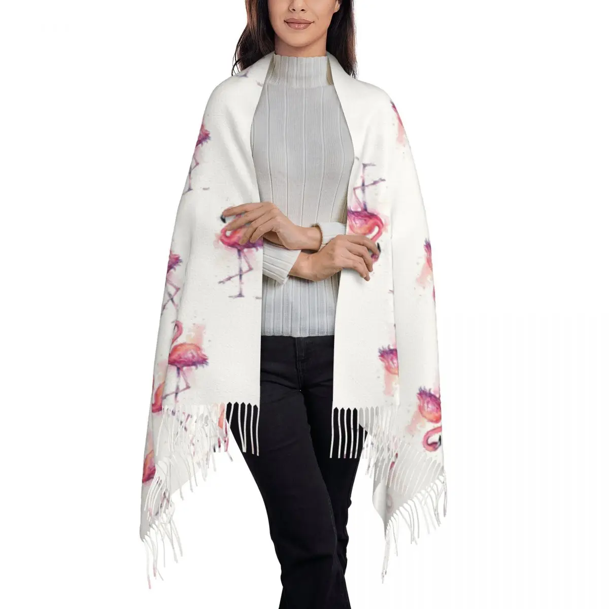 Pink Flamingo Watercolor Tropical Bird Scarf Tassel Scarves for Women Soft Warm Shawls and Wraps Long Fall Winter Shawl Wrap