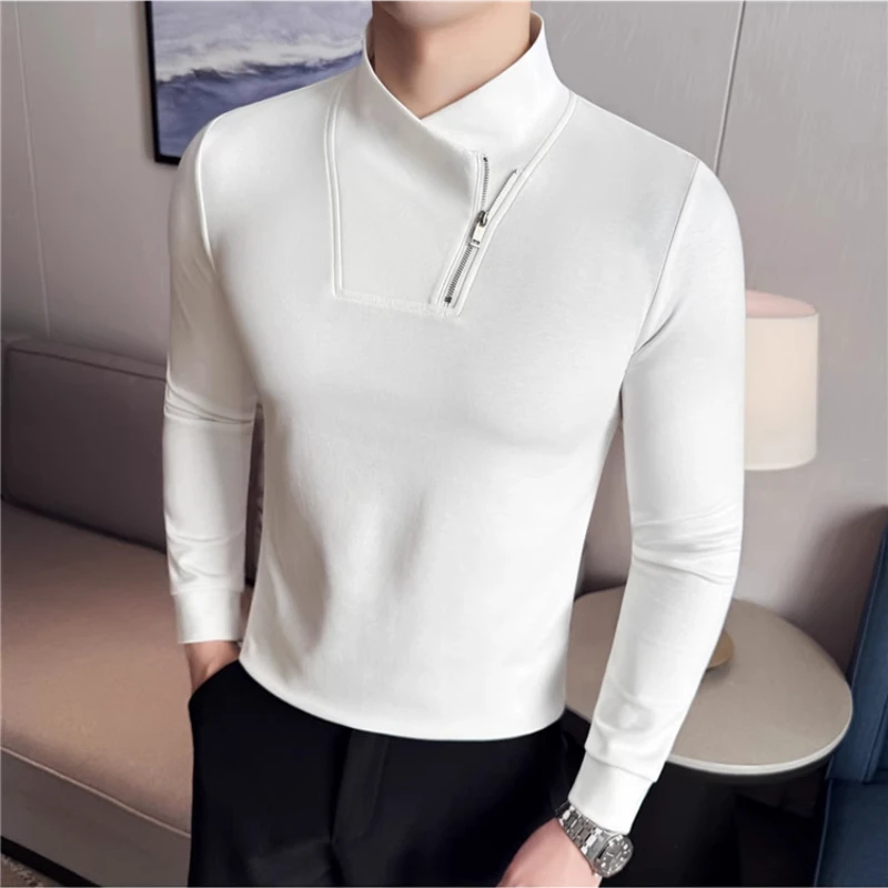 Fashion Zipper Semi High Neck Elastic T-shirt for Men Slim Fit V-neck Long Sleeved Base Shirt Versatile Casual Business Tee Tops