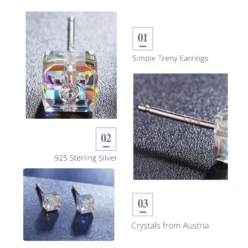 Simple Trendy Real S925 Silver Stud Earrings Crystals From Austria Piercing for Women Party Wedding Girls Jewelry