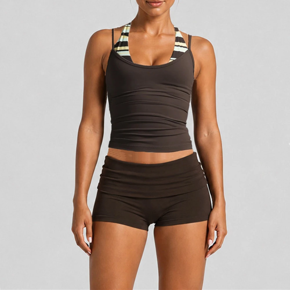 Women Brushed Polka Dot Fake Two Piece Yoga Set Fold Over Waistband Moisture Wicking Scrunch Butt Gym Outfit Wear XP80