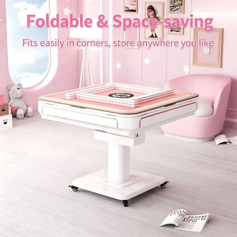Pink Mini Foldable Automatic Mahjong Table, Electric Silent Heating Dual-Use Dining Game Desk for Home