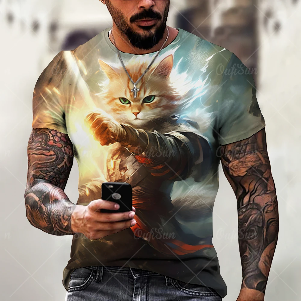 Japanese Samurai Cat Print Men\'s T-shirt Funny 3D Animal Pattern T-shirt Summer Casual O-Neck Loose Top Short Sleeve T-shirt Men