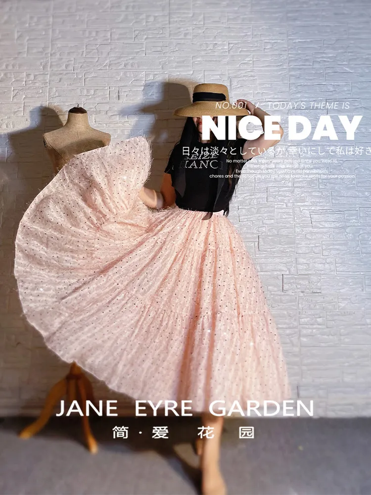 TIYIHAILEY-여성용 롱 미드-칼프 메쉬 스커트 엘라스틱 웨이스트 삼중 레이어 스커트 볼 가운 핑크 여성용 스팽글 태슬 XS-XL 2026