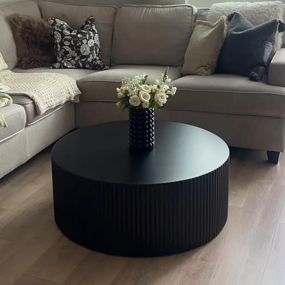 

Contemporary Black Wooden Round Coffee Table, 35.43 Diameter, Luted Design, Living Room Furniture, No Assembly Required
