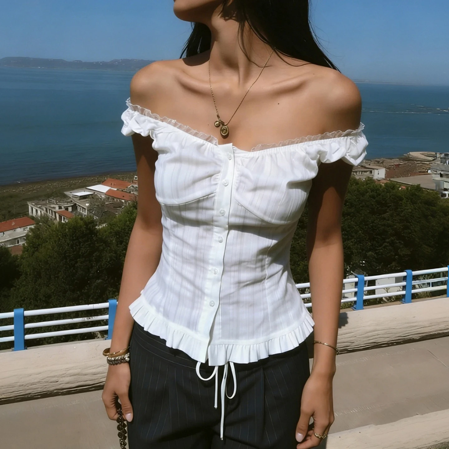 SUCHCUTE White Lace Tied Off-Should T-shirt French Style Summer Top Y2K Streetwear Short Sleeve Tees Women Clothes Chic Coquette