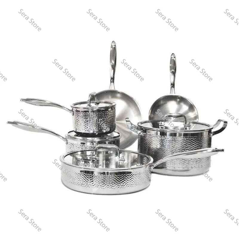 3 Ply Stainless Steel Cookware Set Hammered Pattern Non Stick Uncoated Pots and Pans Set Soup Pot Milk Pot Frying Pan Kitchen