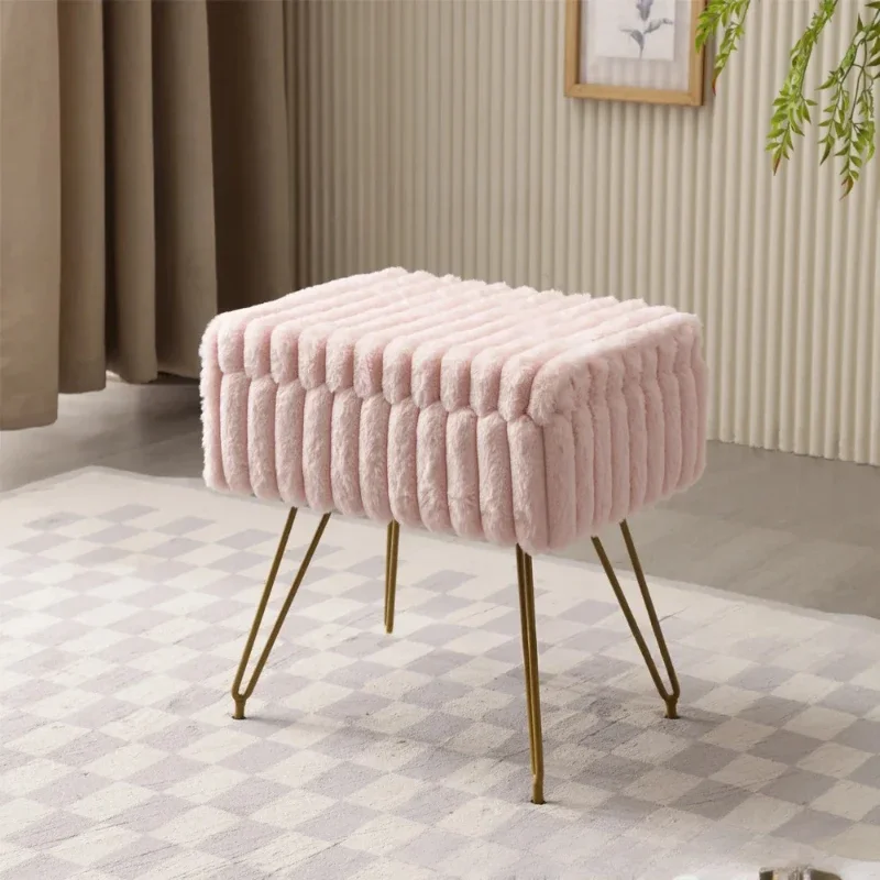 Chic Faux Fur Vanity Stool with Storage  Soft Ottoman Chair for Makeup and Relaxation Ideal for Bedrooms and Vanity Spaces