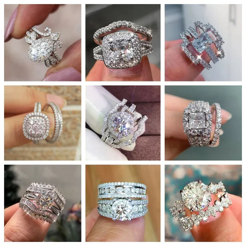 New European and American Mosang Zircon Fashion Light Luxury Bridal Wedding Set Ring Eternal Jewelry Shining Banquet Handicrafts