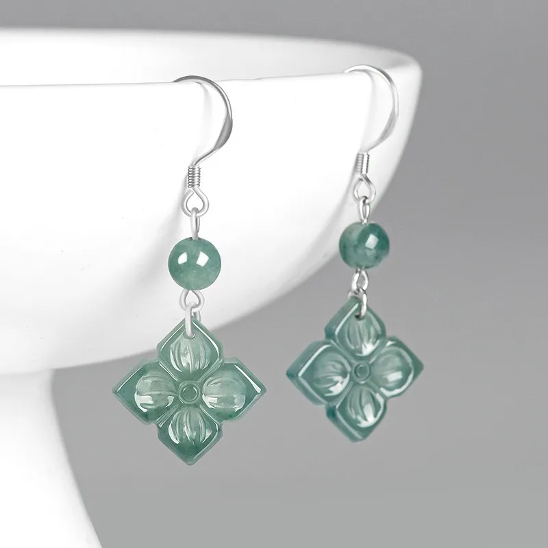 Genuine Natural Burmese Blue Emerald Clover Earring Hand-carved Fashion Charm Jewelry Accessories Luxury Amulet Gifts for Women