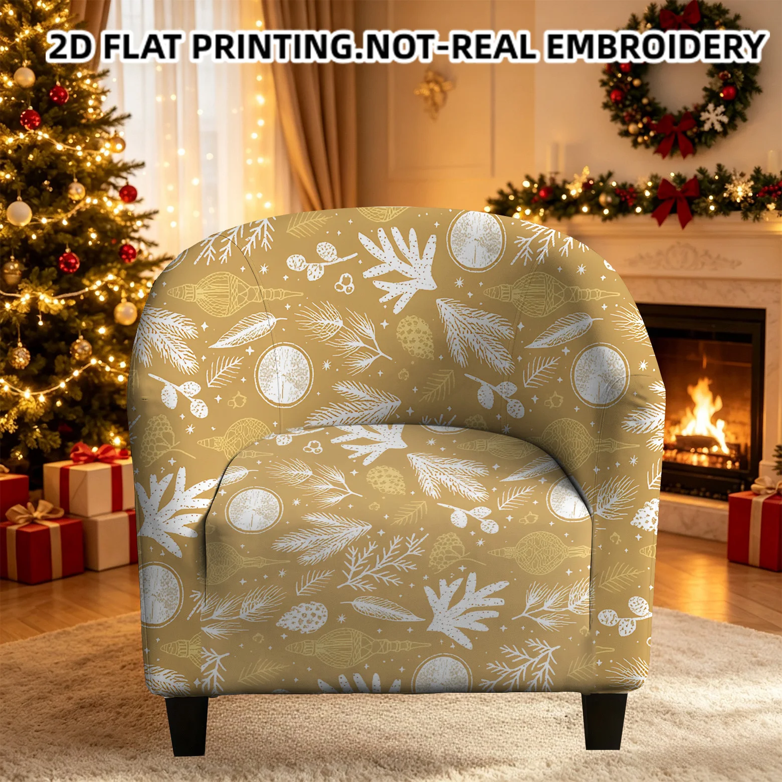 Christmas seamless full print pine branch holly baubles pattern armrest sofa cover, 2D printed elastic single club sofa cover