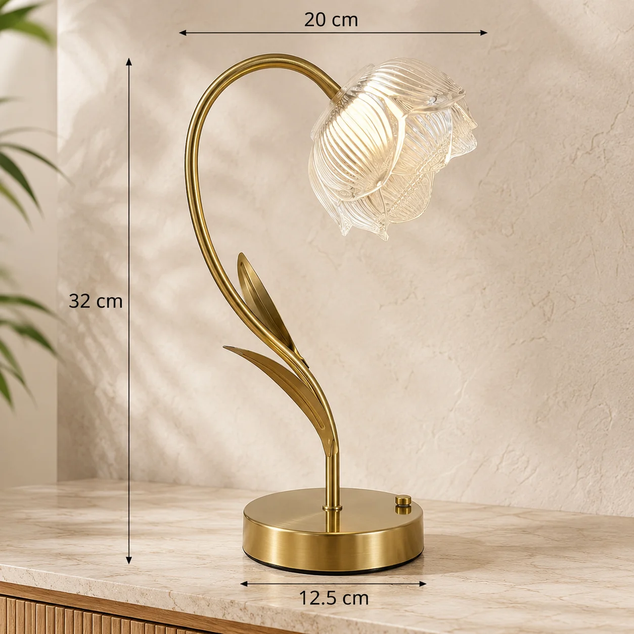 Gold Flower LED Table Lamp Glass Shade 3 Color Stepless Dimming Touch Control Type-C for Bedroom Gift for Women Mum