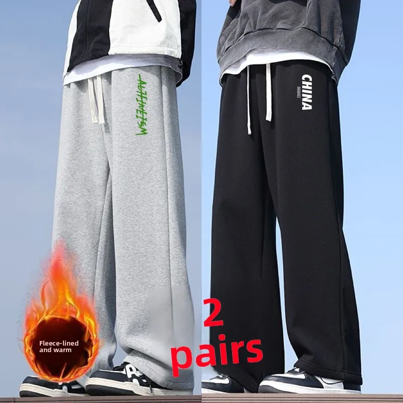 

Men's Fce Lined Slimming Straight Leg Pants Casual Printed Loose Fit Autumn Winter Faionable Large Size Versatile Long T...