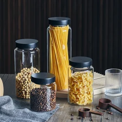 Japanese Style Kitchen Storage Jar Black Lid Food Storage Container Moisture-proof Sealed Glass Candy Jar Nut Storage Bottle New