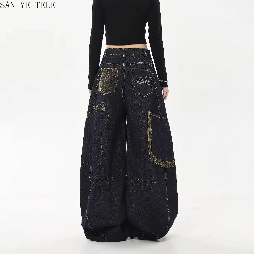 

Широкие свободные джинсы с леопардовым принтом, женские ретро уличные прямые брюки в стиле пэчворк с карманами и изогнутым ножом