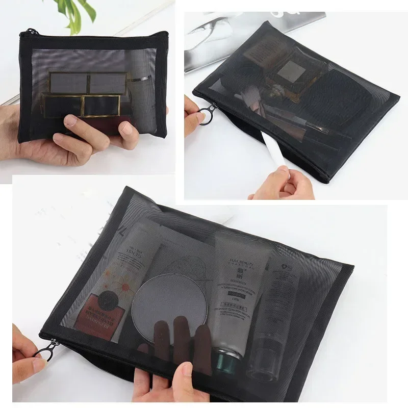 1PCS Women Large Cosmetic Bag Transparent Mesh Zipper Organizer Fashion Girl Black Toiletry Bags Makeup Organizer Pouch Case