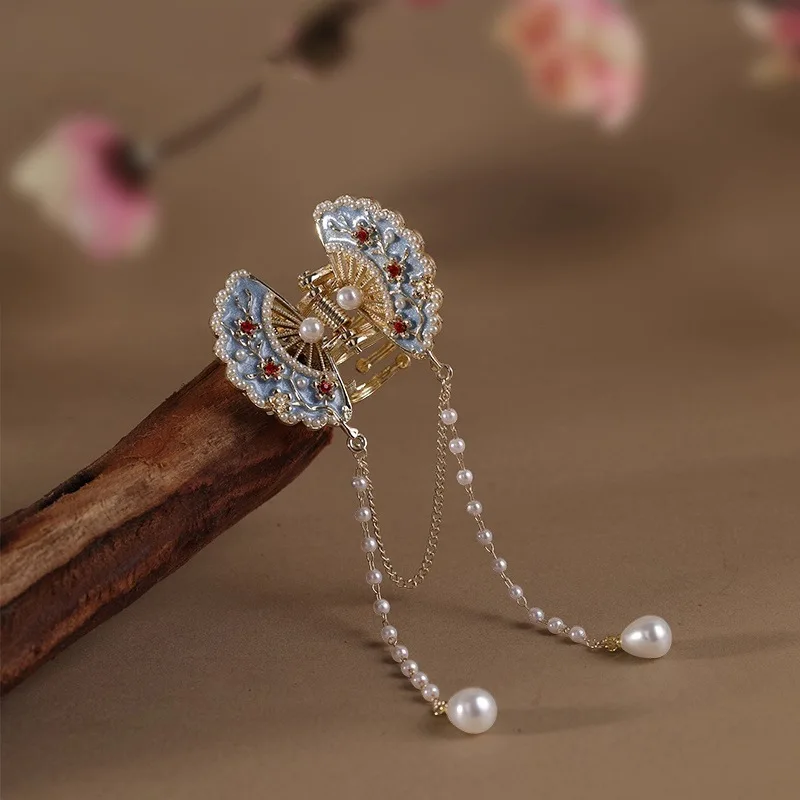 

Golden Thread Blue Fan - National Style Su Grasp Clip Retro High End Hair Accessories Elegant Hanfu Qipao Headwear