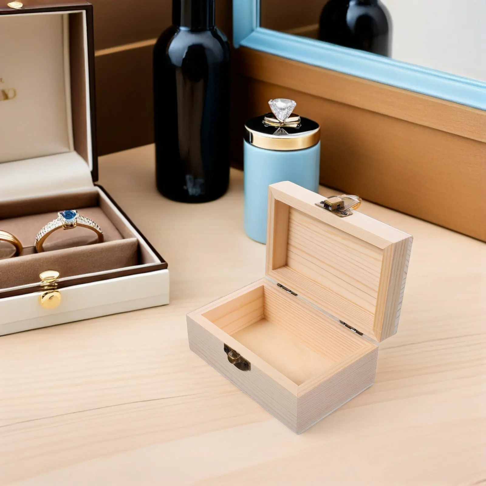 2Pcs Natural Pine Unfinished Wood Jewelry Box Hinged Lid Small DIY Craft Storage Container Treasure Chest Rustic Jewelry