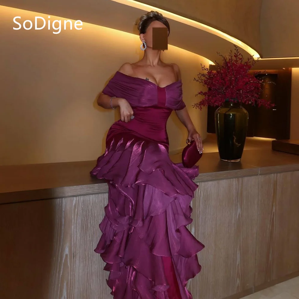 SoDigne فساتين حفلة موسيقية أرجوانية أنيقة بفيونكة قبالة الكتف فستان الحفلات مثير الكشكشة حورية البحر فساتين حفلات مخصصة