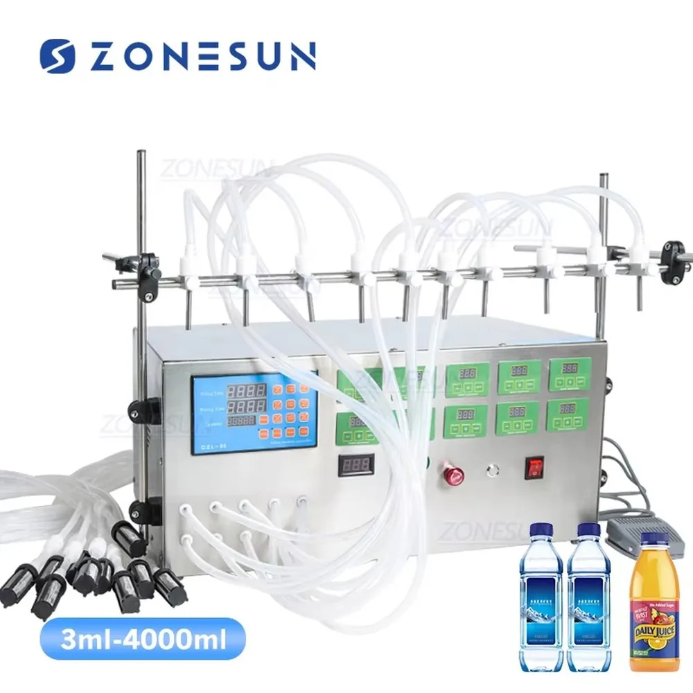 ZONESUN Digital Control Pump Liquid Filling Machine 10 Heads 3-4000ml Essential Oil Water Juice CNC Filling Machine