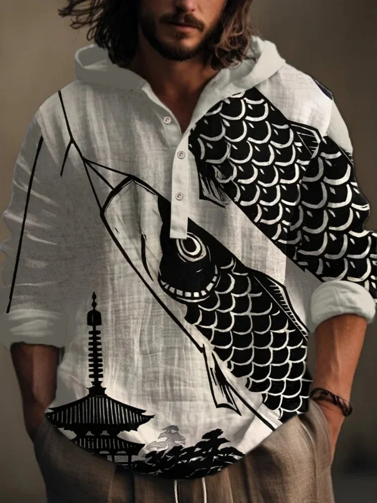 

Мужские рубашки для рыбалки, верхняя одежда, модная винтажная рубашка с капюшоном и принтом Koinobori, туника с длинными рукавами и пуговицами