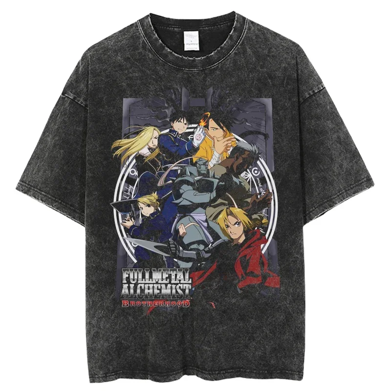 

2024 Casual Vintage Washed T-shirt Japanese Anime Fullmetal Alchemist Streetwear Fashion Hip Hop Tshirt Unisex tops