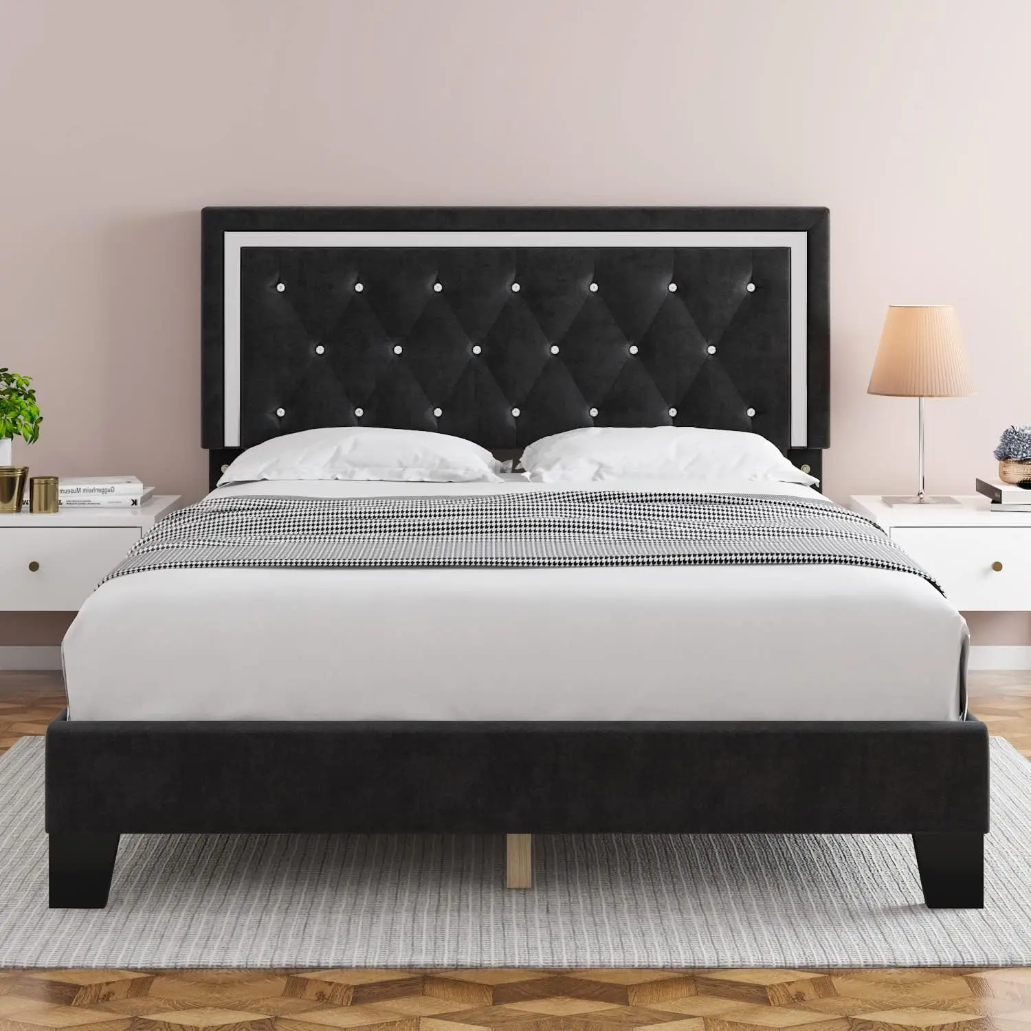 Queen Bed Frame, Upholstered Platform Bed Frame with Modern Adjustable Headboard, Diamond Tufted Mattress