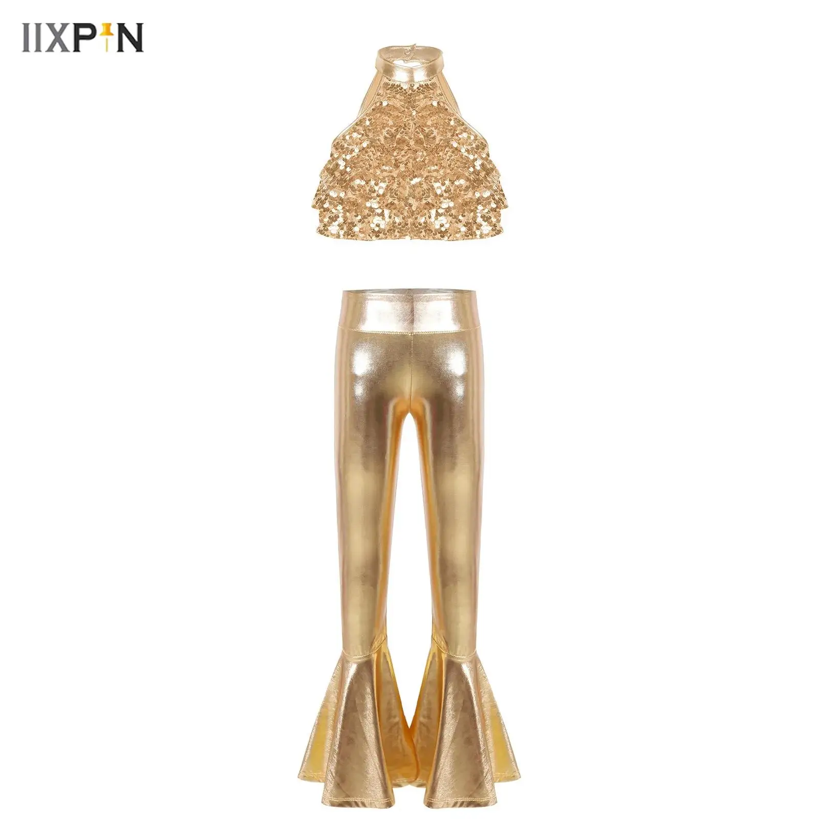 

Kids Girls Jazz Dance Costume Mock Neck Cutout Back Shiny Sequin Backless Crop Top with Ruffle Hem Bell-bottom Metallic Pants