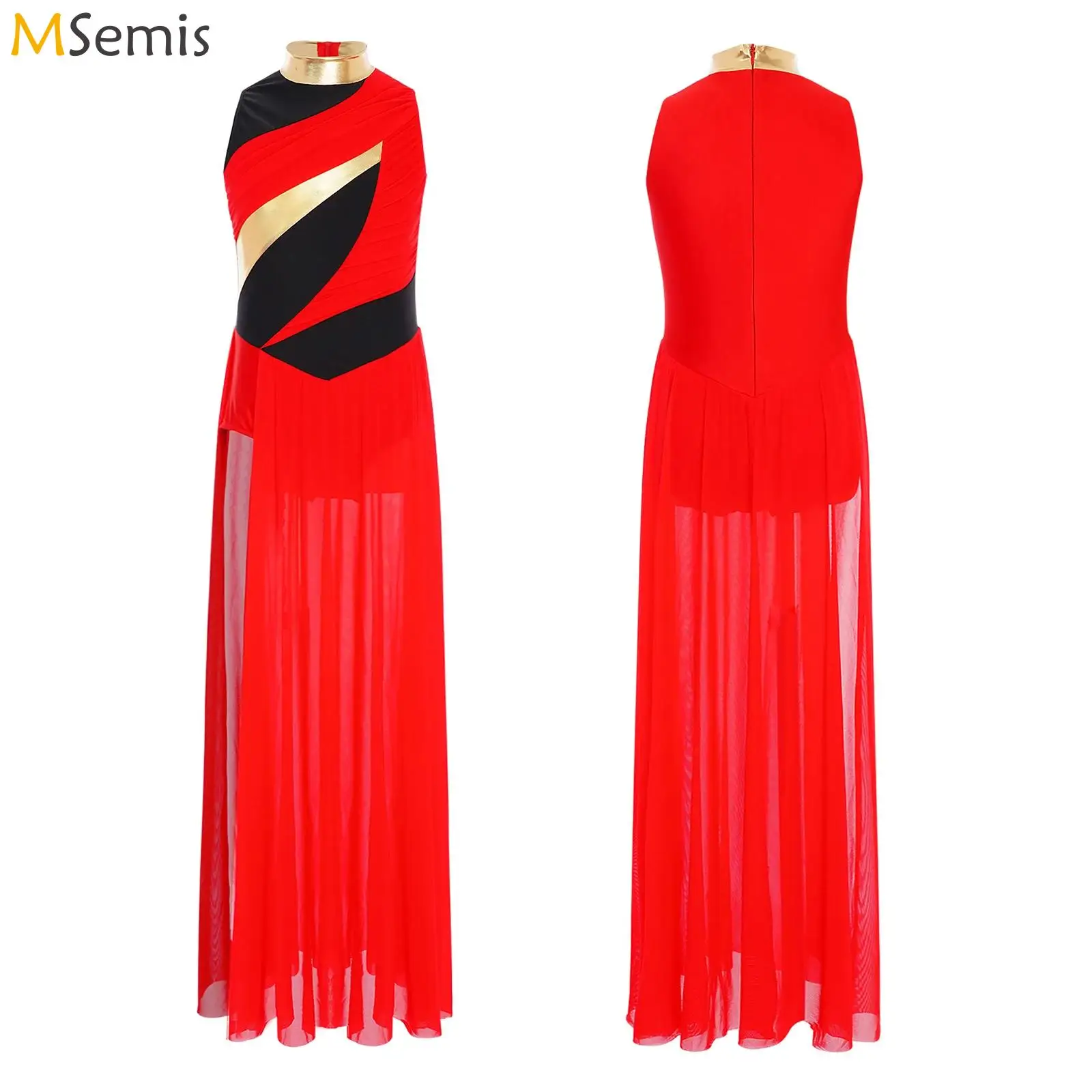 Vestito da body per danza lirica con spacco laterale e corpetto sovrapposto in rete increspata senza maniche per balletto moderno e contemporaneo per bambina